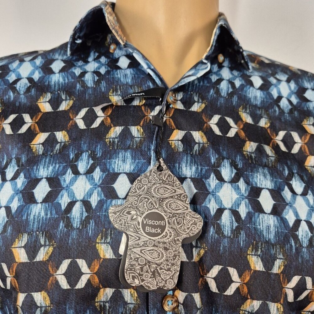 Visconti Black Men's Size S stretch Button up Long Sleeve shirt Blue Print (45)